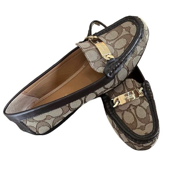 Coach A01918 Olive Outline Signature C Khaki Chestnut Brown Loafers 7B - Picture 4 of 12